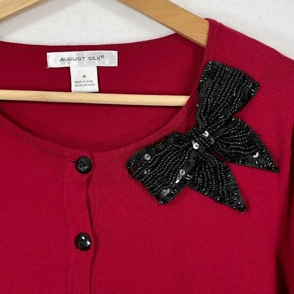 August Silk  3/4 Sleeve Cardigan Sweater Feminine Grandma Core Boho Holiday M - Picture 2 of 7